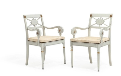 SOLD. A pair of circa 1900 grey painted and gold bronzed Empire style armchairs, seats with cane. (2) – Bruun Rasmussen Auctioneers of Fine Art