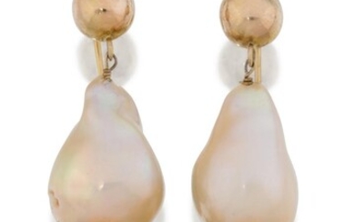 A pair of cultured baroque pearl drop earrings, designed with a pear-shaped cultured pearl between two baubles, hook fittings, approx. length 6.8cm