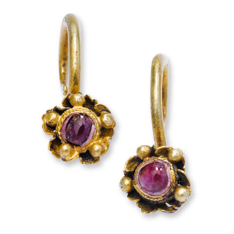 A pair of gilt silver and ruby earrings, erhuan