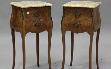 A pair of late 20th century French kingwood and foliate inlaid marble-topped bedside chests of two d