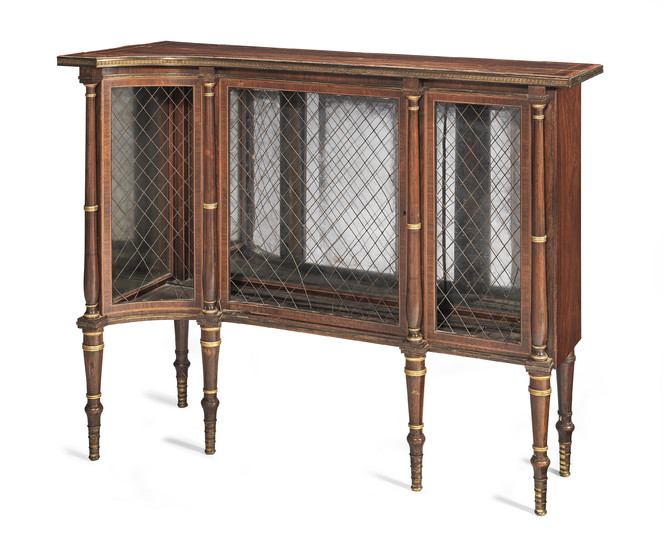 A pair of late George III brass mounted rosewood, satinwood crossbanded and sycamore line-inlaid low corner display cabinets