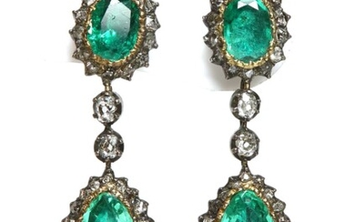 A pair of late Georgian, foiled emerald and diamond drop earrings
