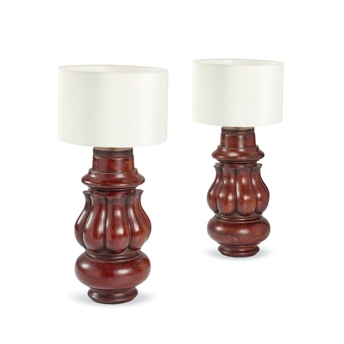 A pair of mahogany table lamps with shades Each of bulbous g...