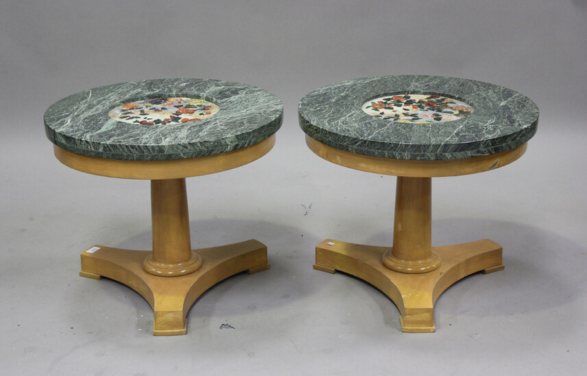 A pair of mid-20th century marble top lamp tables, each circular green marble top inset with a Chine