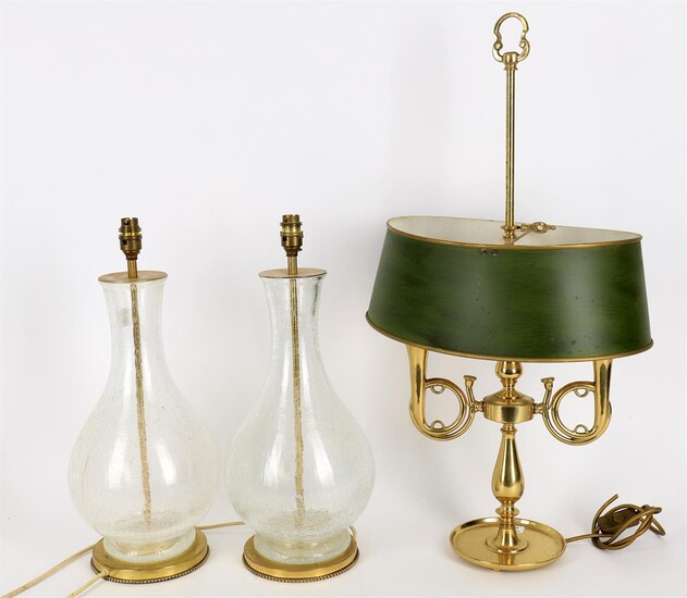 A pair of modern brass mounted crackle glaze glass lamps