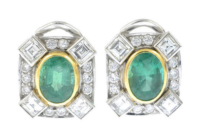 A pair of oval-shape emerald and vari-cut diamond earrings.