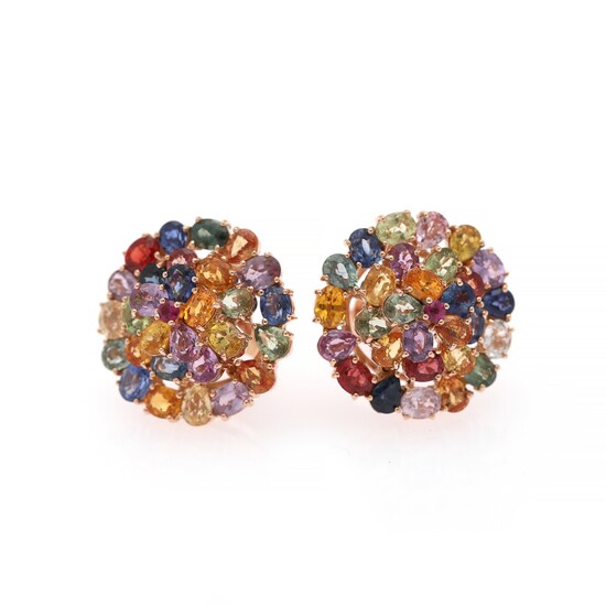 A pair of sapphire ear studs each set with numerous multi-coloured sapphires weighing a total of app. 12.02 ct., mounted in 18k rose gold. (2)