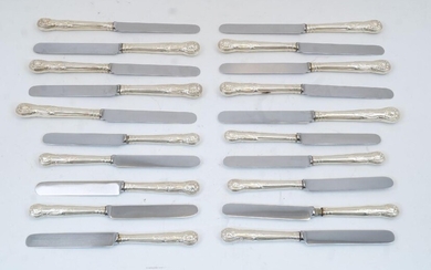 A quantity of of Victorian silver handled knives, London, 1897, makers marks rubbed, comprising ten table knives and ten dessert knives, with filled silver handles engraved with crest and having later stainless steel blades (20)