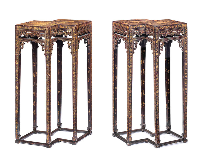 A rare pair of black lacquer gilt-decorated double-lozenge stands