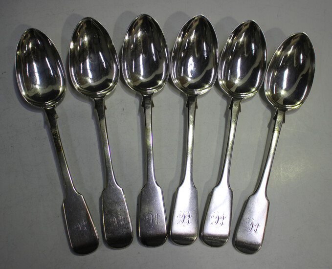 A set of six Victorian silver Fiddle pattern table spoons, Exeter 1852 by John Stone, weight 415.8g