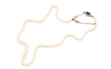 A single strand cultured pearl necklace, having sapphire and diamond...