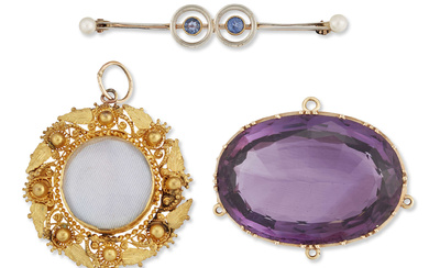 A small group of jewellery, comprising: a Victorian amethyst brooch,...
