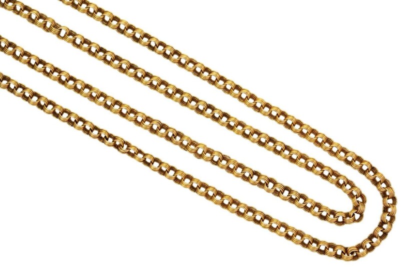 A two row reeded belcher link necklace, indistinct marks, length 52.0cm, approximate gross weight 49g