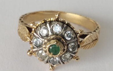 A very Ornate Hand-Made 18kt Gold and Silver Stone Set Mallorca Button Ring. Early to Mid 20th Ring - Silver, Yellow gold