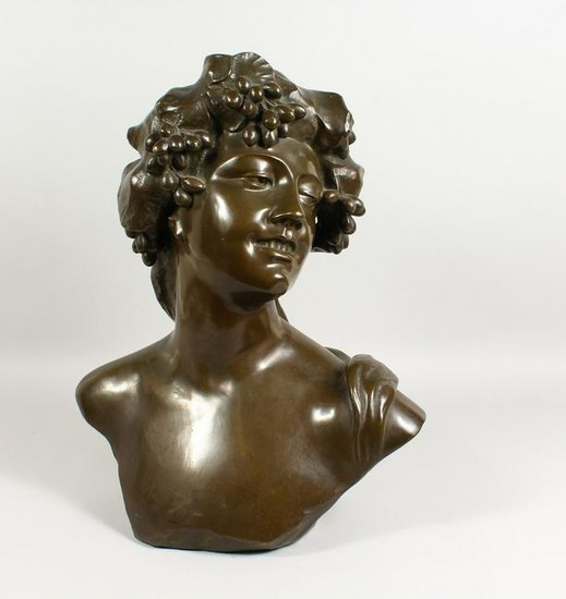 AFTER LAMBEAUX A LARGE CAST BRONZE BUST OF A YOUNG