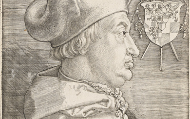 ALBRECHT DÜRER Cardinal Albrecht of Brandenburg. Engraving, 1523. 175x128 mm; 6⅞x5⅛ inches. ...