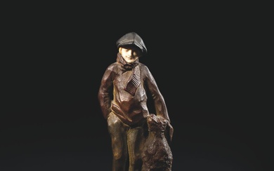 ALFRED JOREL (c.1860 - 1927). Gamin de Paris et son chien. Statuette chryséléphantine en bronze...