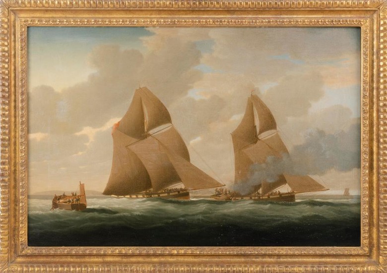 AMERICAN SCHOOL, 19th Century, A naval engagement., Oil on canvas, 24" x 36". Framed 30" x 41".