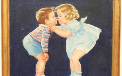 AMERICAN SCHOOL (Mid 20th century). Young Boy and Girl Kissing, Oil on canvas. Possibly an