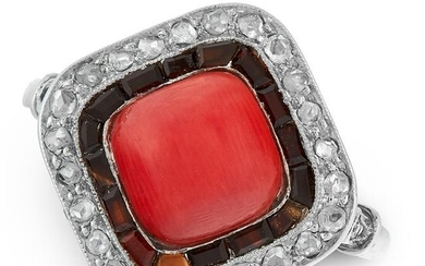AN ART DECO CORAL, ONYX AND DIAMOND DRESS RING, EARLY