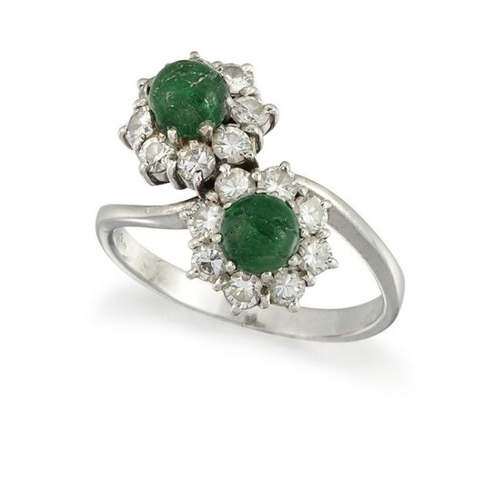 AN EMERALD AND DIAMOND RING Composed of a pair of