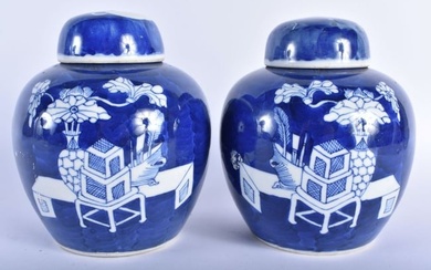 AN UNUSUAL PAIR OF 19TH CENTURY CHINESE BLUE AND WHITE PORCELAIN GINGER JARS AND COVERS Kangxi style