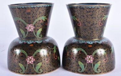 AN UNUSUAL PAIR OF LATE 19TH CENTURY CHINESE CLOISONNE ENAMEL SQUAT VASES Qing. 10 cm x 7.5 cm.