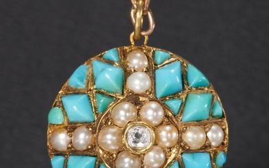 ANTIQUE DIAMOND TURQUOISE AND PEARL GOLD PENDANT NECKLACE, V...