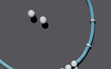 AQUAMARINE AND DIAMOND NECKLACE WITH EARRINGS, BY BINDER.