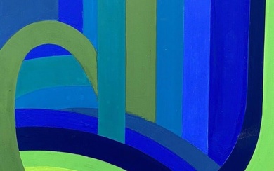ARLETTE MARTIN (b1924) FRENCH GEOMETRIC ABSTRACT PAINTING - BLUE & GREEN DESIGN 20th Century