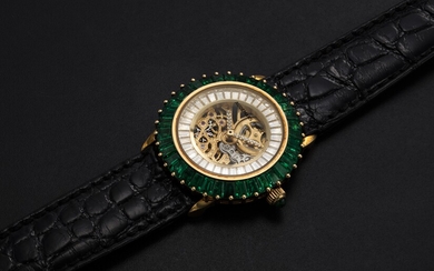 AUDEMARS PIGUET, A LADIES GOLD WRISTWATCH SET WITH EMERALDS, DIAMONDS, AND A SKELETONISED DIAL, ENGRAVED NO. 1