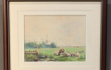 Adrianus Johannes Groenewegen (1874-1963), gesign. l.o., Hollands landschap met vee, aquarel...