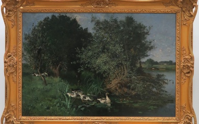 Alexandre DEFAUX (1826-1900) L'étang aux canards Huile sur toile, signée en bas à gauche, réentoilée...