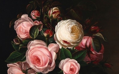 Alfrida Baadsgaard: Still life with pink roses on a stone sill. Signed Alfrida. Oil on panel. 41×32 cm.