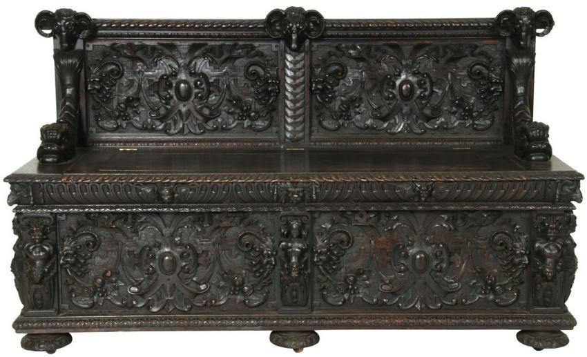 American Carved Oak Hall Bench