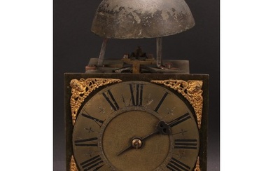 An 18th century brass and iron posted frame clock, of transi...