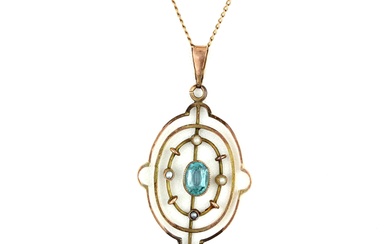 An 9ct rose gold pendant set with an oval cut blue tourmaline and seed pearls on a rose metal chain, L. 44cm.
