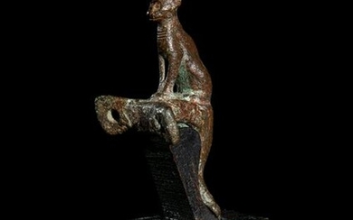 An Egyptian Bronze Handle with a Cat Height 3 1/4