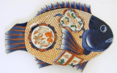 An Imari dish formed as a fish, decorated with panels