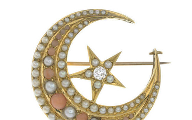 An early 20th century gold coral, split pearl and old-cut diamond crescent brooch.