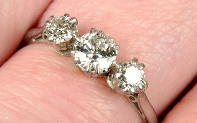 An early 20th century platinum graduated circular-cut diamond three-stone ring.Estimated total