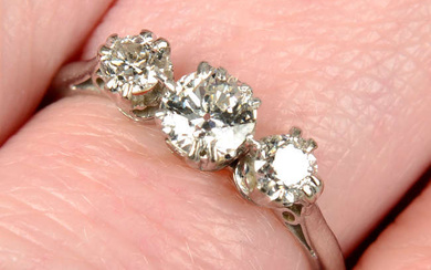An early 20th century platinum graduated circular-cut diamond three-stone ring.
