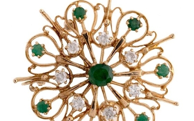 An emerald and diamond brooch/pendant, of open work flower head design set with circular-cut emeralds and brilliant-cut diamonds, diameter 4cm