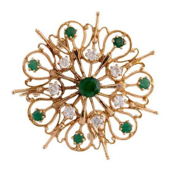 An emerald and diamond brooch/pendant, of open work flower head design set with circular-cut emeralds and brilliant-cut diamonds, diameter 4cm