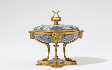 An enamel stembowl and cover by Maison Alphonse Giroux