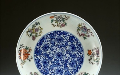An exquisite blue and white famille-rose eight-treasure plate