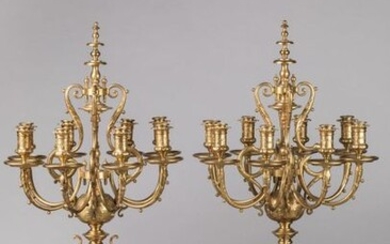 An important PAIR OF CANDELABRES by BARBEDIENNE in chased ormolu with eight light arms, topped by a spinning top supported by four brackets decorated with acanthus leaves and small balls in relief, the bobbins decorated with foliage surmounted by a...