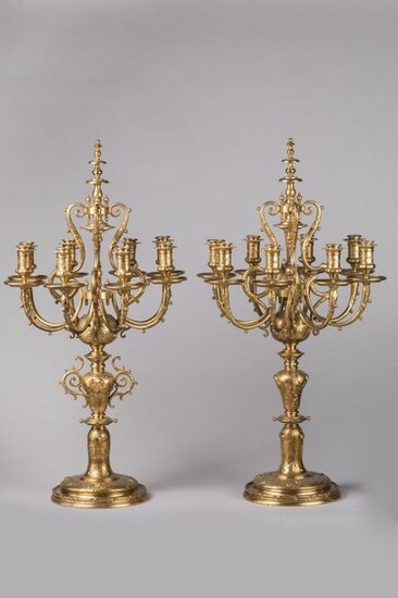 An important PAIR OF CANDELABRES by BARBEDIENNE in chased ormolu with eight light arms, topped by a spinning top supported by four brackets decorated with acanthus leaves and small balls in relief, the bobbins decorated with foliage surmounted by a...