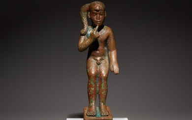 Ancient Egyptian Bronze Figure of the God Harpocrates. Late Period, 664 - 332 BC. 14 cm height.