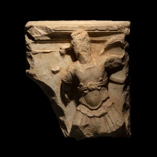 Ancient Roman Marble Fragment of a sarcophagus for a soldier H: 43 cm